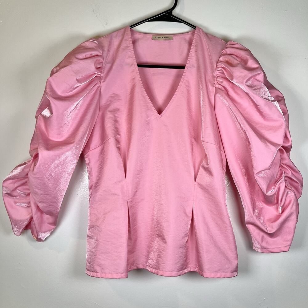 Stella Nova Pippi Blouse Pink Barbiecore Shiny Nylon Balloon Sleeve Sz 36 Small - Picture 3 of 9